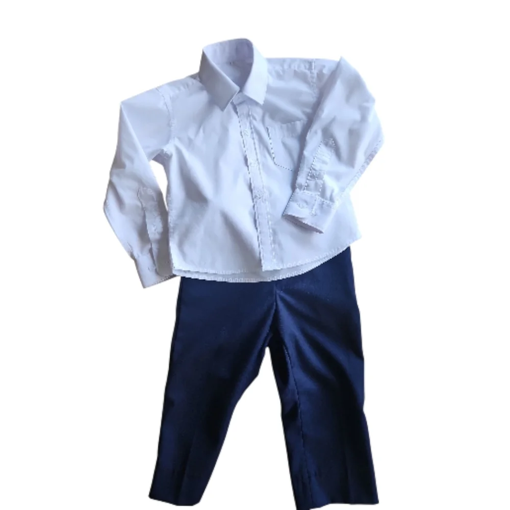 Toddler Shirt + Pants Set Size 3 White Button Down Top Blue Adjustable Trouser